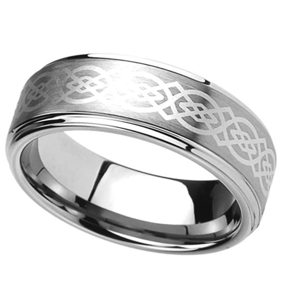 Men's Tungsten Wedding Band 8mm Silver Ring. Irish Celtic Knot Wedding Band Ring - Picture 2 of 2